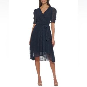 Tommy Hilfiger Women’s 12 Surplice Glitter-Dot Ruffle Sleeve Midi Dress Elegant